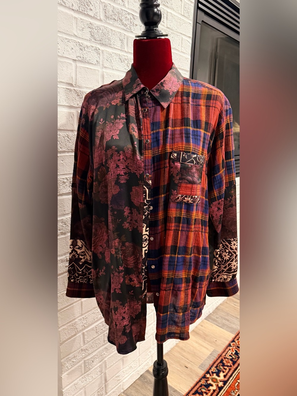 Mixed Plaid and Floral Snaps Front Stunning Shirt in Burgundy & Ink Black.